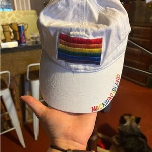 White Mackinac Island Cap with Rainbow Patch